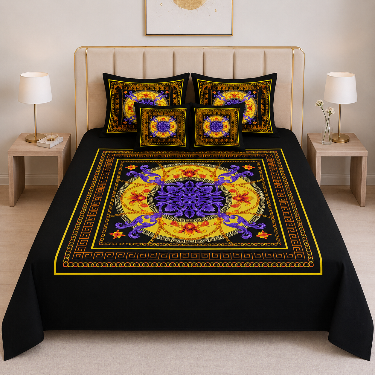Imperial Azure Collection – Luxury Royal Black Digital Bedsheet Set (5 Pcs) – D-10015