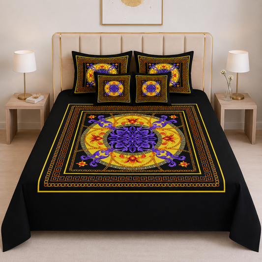 Imperial Azure Collection – Luxury Royal Black Digital Bedsheet Set (5 Pcs) – D-10015