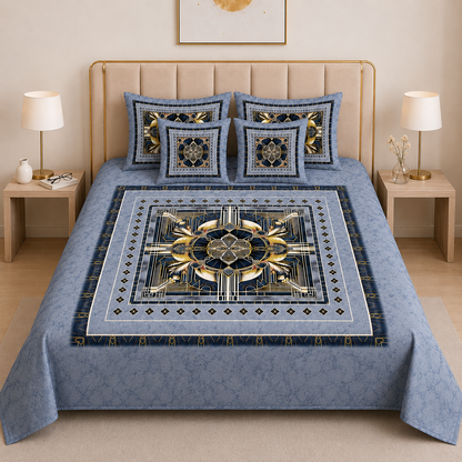 Imperial Azure Collection – Luxury Blue Digital Bedsheet Set (5 Pcs) – D-10092