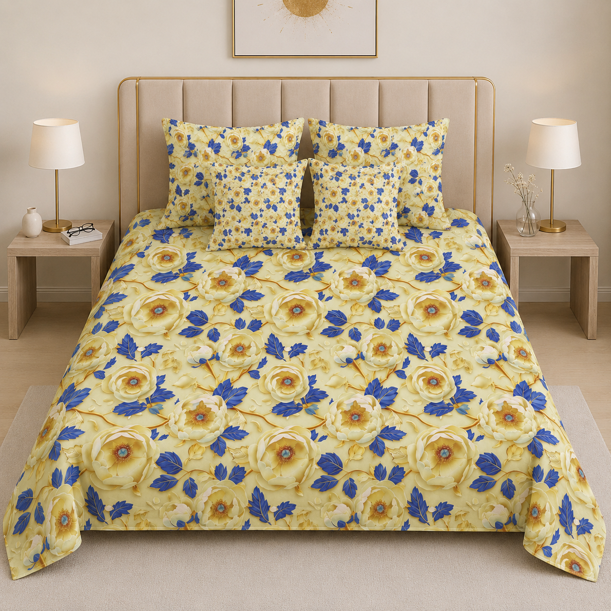 Imperial Azure Collection – Floral Luxury Digital Bedsheet Set (5 Pcs) – D-10064