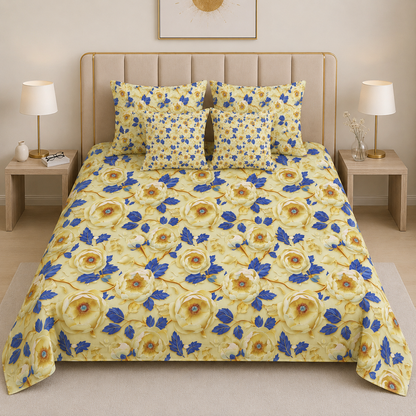 Imperial Azure Collection – Floral Luxury Digital Bedsheet Set (5 Pcs) – D-10064
