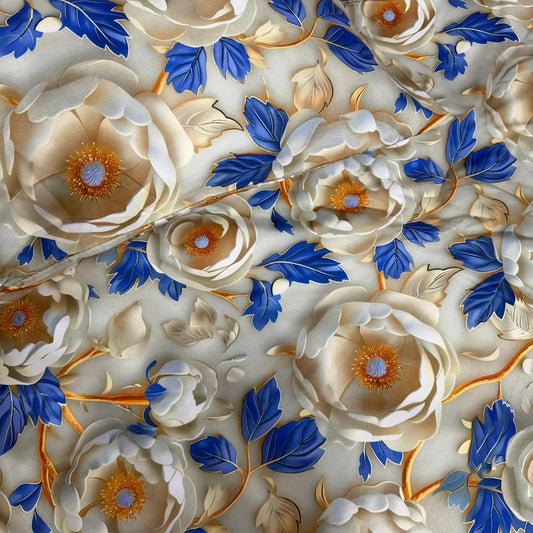 Imperial Azure Collection – Floral Luxury Digital Bedsheet Set (5 Pcs) – D-10064