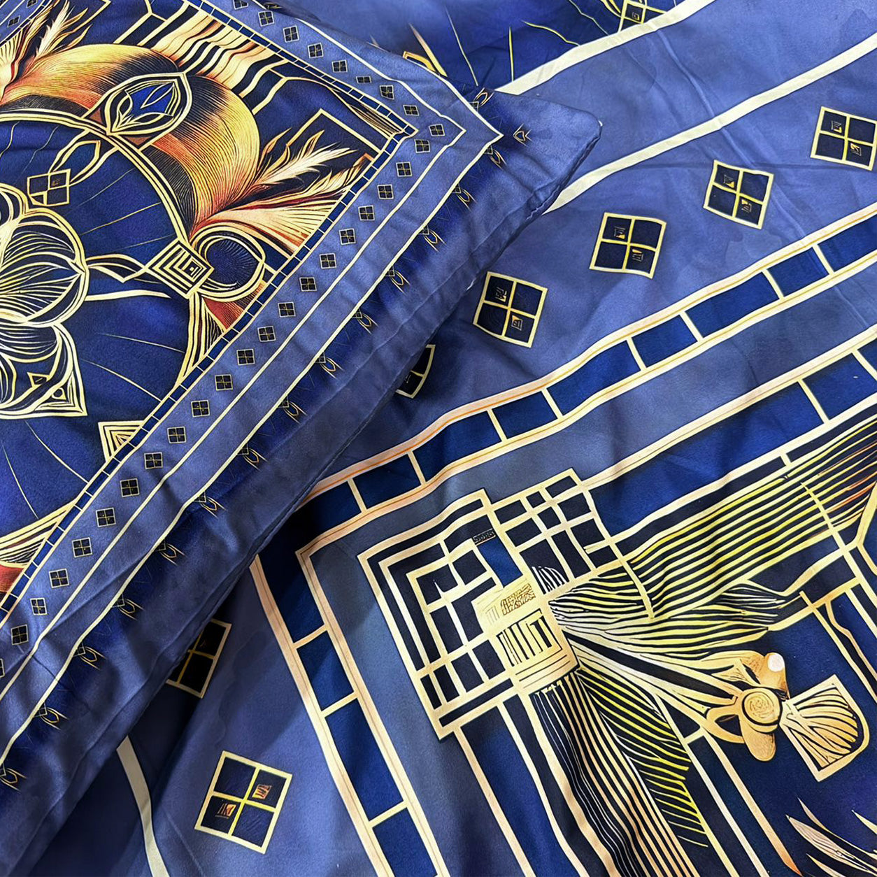 Imperial Azure Collection – Luxury Blue Digital Bedsheet Set (5 Pcs) – D-10092