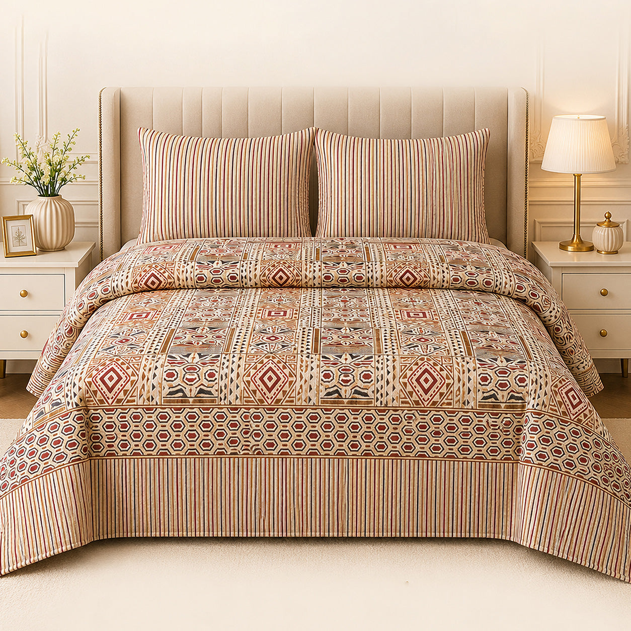 Misty Bloom Geometric Heritage King Bed Sheet Set (3 Pcs) – MB 510