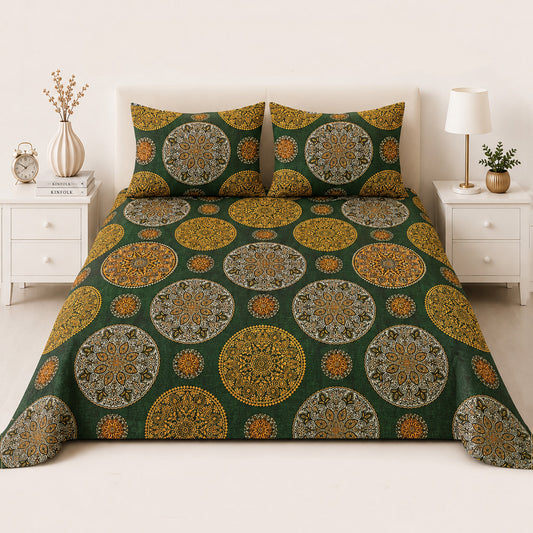 Golden Green Medallion Bed Sheet Set (3 Pcs) – D-1080