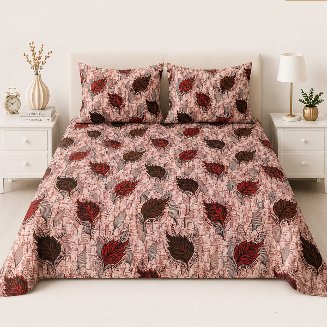 Crimson Leaf Bed Sheet Set (3 Pcs) – D-2026