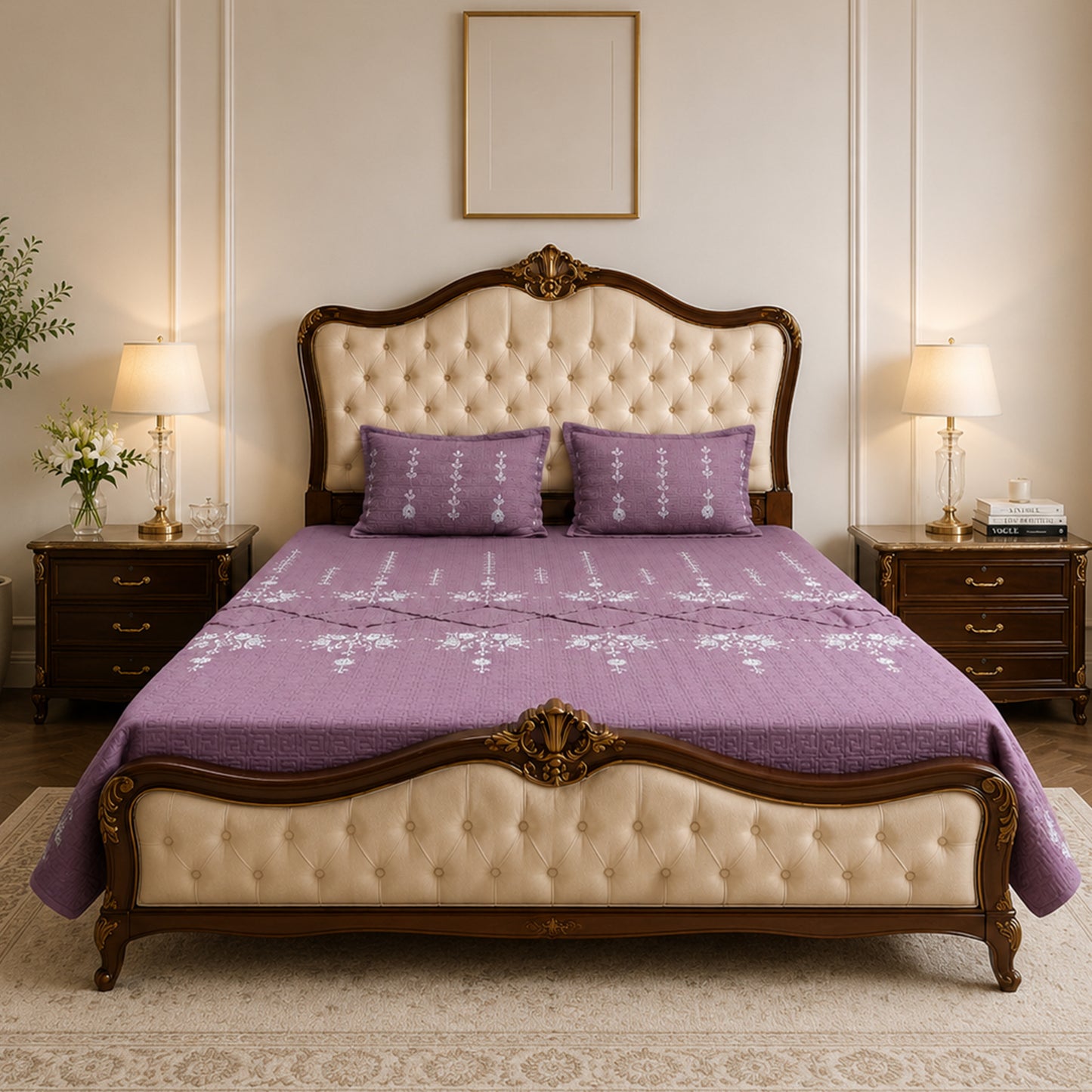 Soft Lavender Bloom Embroidered Bedsheet Set
